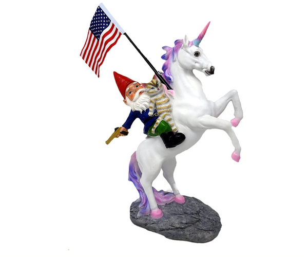 Gnome Firing a Gun Riding a Unicorn