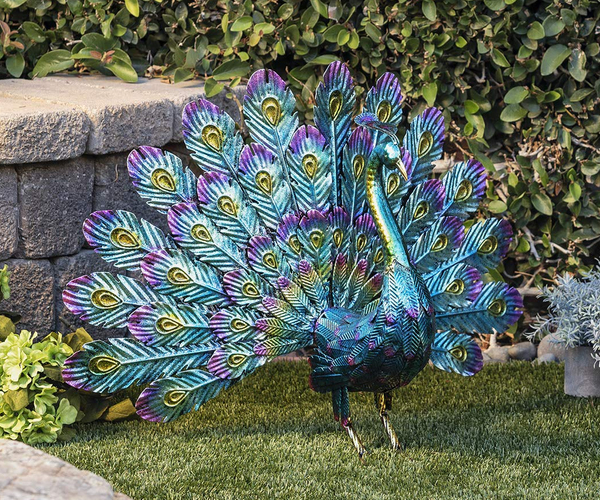 Iridescent Metal Peacock Statue