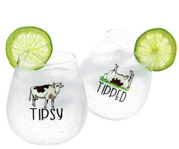 Tipsy Tipped Funny Cow Rolling Stemless Wine Glasses