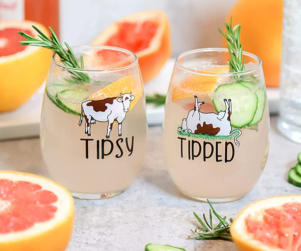 Tipsy Tipped Funny Stemless Wine Glasses