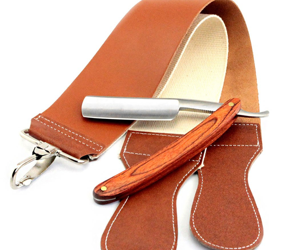 Wooden Handle Straight Razor & Leather Canvas Strap