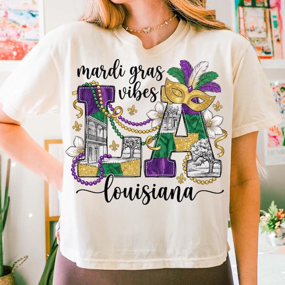 Mardi Gras Vibes PNG, Louisiana Map, LA Festival, King Cake, Carnival Jester w/ Bells Mask