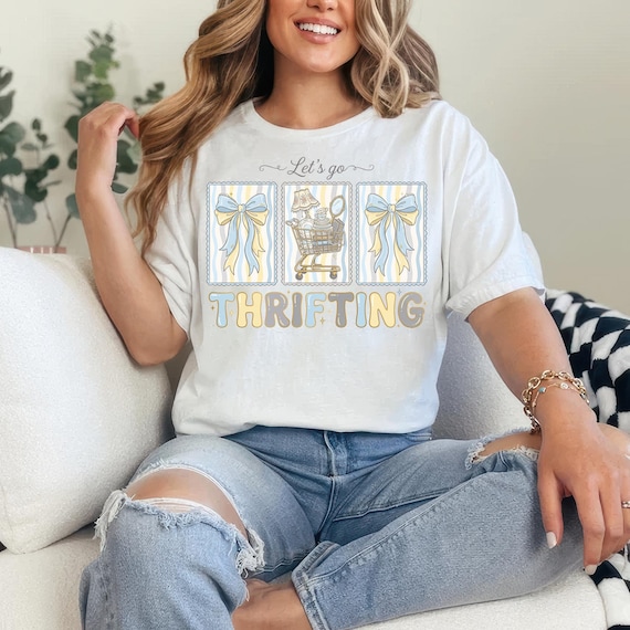 Let's Go Thrifting Png, Thrift Aesthetic PNG Design, Blue and Gold Vintage Decor Cart, Retro Thrifting Graphic, Boutique Style Digital
