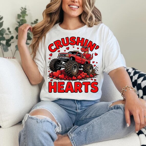 Boy Valentine T-Rex Monster Truck PNG Design, Crushin Hearts Toddler Shirt Graphic, Retro Distressed Kids Sublimation File, XOXO Love VDay