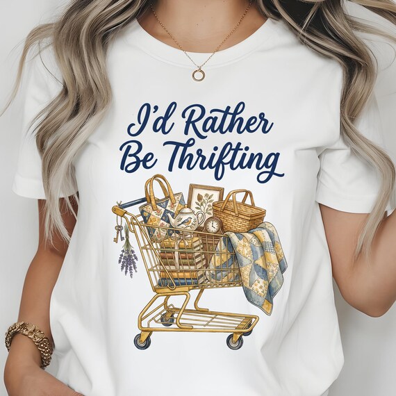 I’d Rather Be Thrifting Png, Thrift Aesthetic PNG Design, Blue and Gold Vintage Decor Cart, Retro Thrifting Graphic, Boutique Style Digital