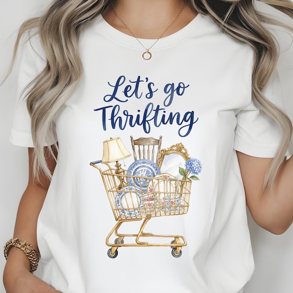 Let's Go Thrifting Png, Thrift Aesthetic PNG Design, Blue and Gold Vintage Decor Cart, Retro Thrifting Graphic, Boutique Style Digital