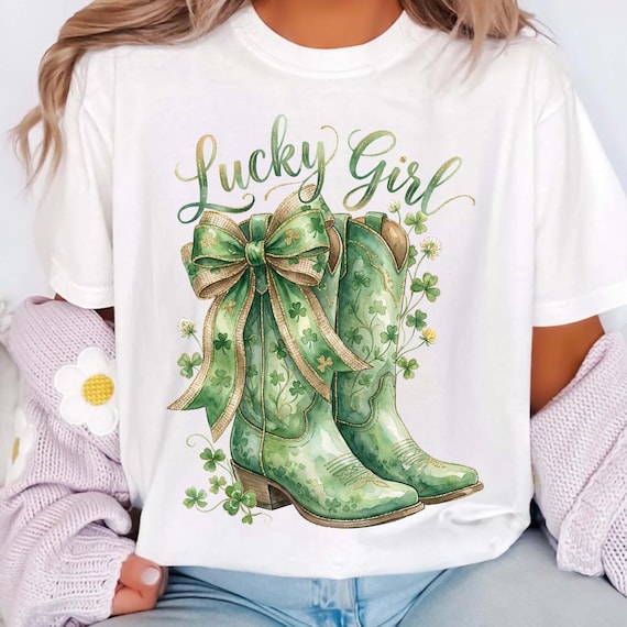 St. Patrick's Day PNG, Lucky Girl Png, Lucky Design, St Patrick's Day Cowboy Boots png, Green Shamrock Bow png, Western Irish Sublimation