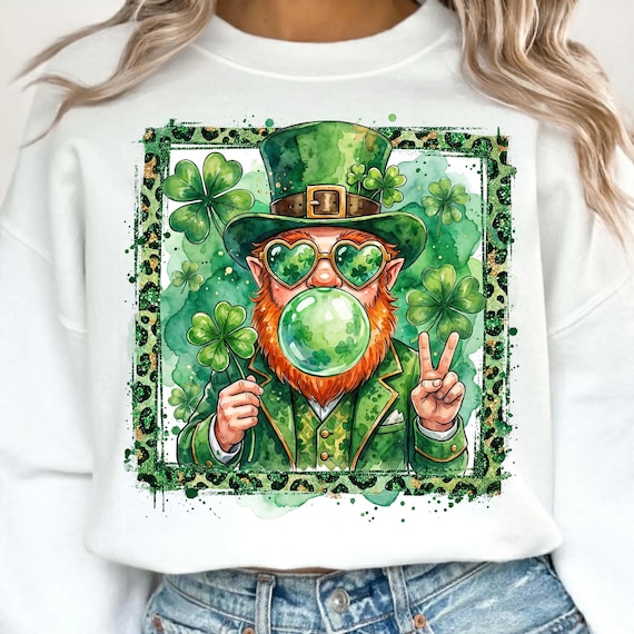 St. Patrick's Day PNG, Leprechaun Blowing Bubble Gum PNG, Funny Leprechaun with Shamrock, V Peace Sign Hand Gesture, Green Irish Brushstroke