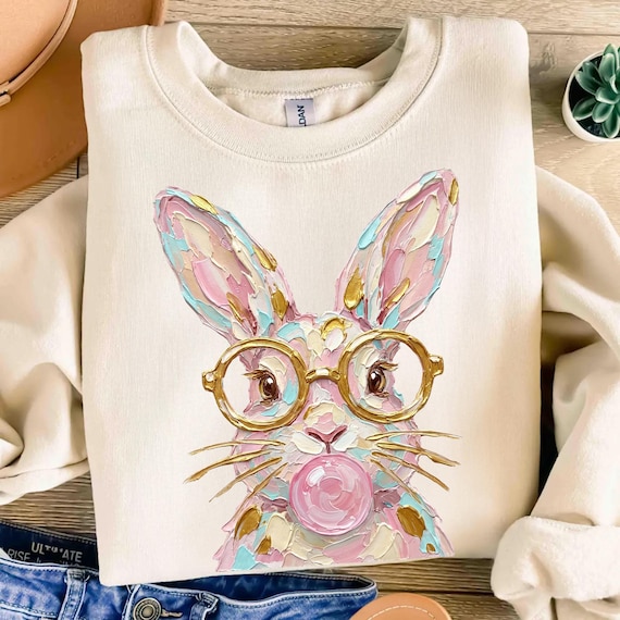 Easter PNG, Bunny Bubblegum Hand-Painted Png, Preppy Bunny Brushstroke png, Happy Easter PNG, Sublimation Design
