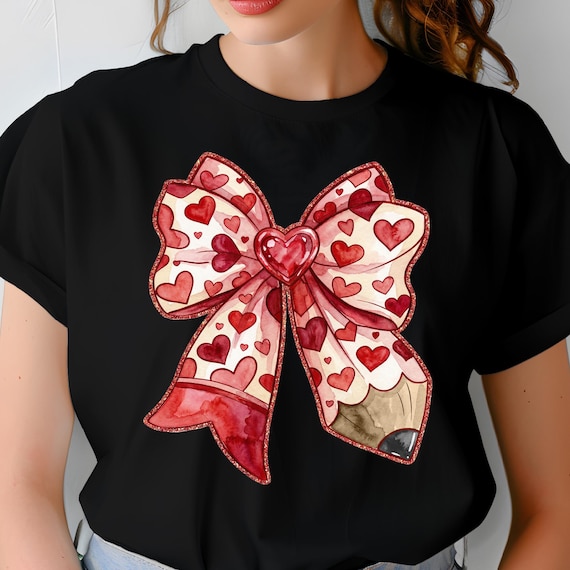 Teacher Valentine Coquette Bow Pencil PNG, Pencil Bow Teacher Valentines PNG, Preppy Hand Painted Coquette School Shirt png Design