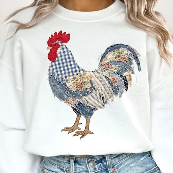 Easter PNG, Patchwork Chicken Roaster, Blue Toile, Faux Yarn Hen, Chinoiserie Shabby Chic, Farmhouse Chicken, Trendy Blue White Quilt