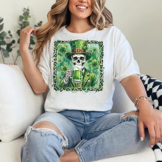 St Patrick's Day Skeleton PNG, Drinking Leprechaun Skull, Green Beer Irish Shamrock, Sublimation Design, Digital Download