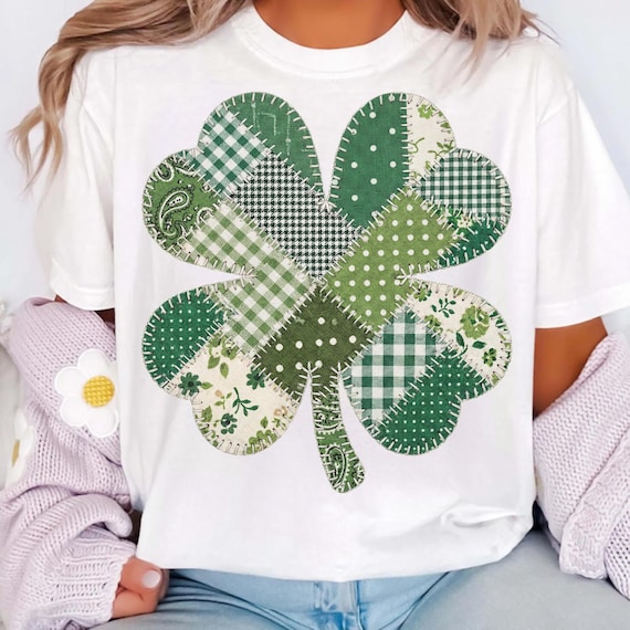 St Patrick's Day Shamrock PNG, Faux Patchwork Four Leaf Clover, Lucky Irish Green Plaid, Farmhouse Sublimation Design, Digital Download