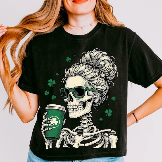 St. Patrick's Day Skeleton PNG, Messy Bun Skull with Coffee, Shamrock Glasses Sublimation Design, Irish Holiday Digital Download