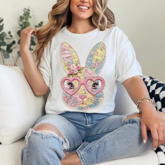 Easter PNG, Patchwork Bunny PNG, Floral Easter Rabbit Sublimation Design, Faux Embroidery Spring Art, Heart Glasses, Pearl Bead