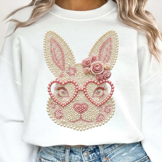 Pearl Bunny Face PNG, Coquette Rabbit with Heart Glasses, Pink Roses, Ivory and Pink Pearl Beads, Sublimation Design, Digital Download