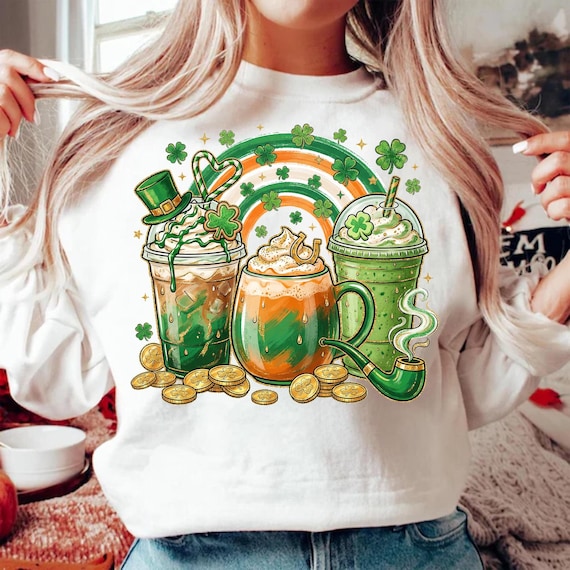 St Patrick's Day Coffee PNG, Shamrock Drinks Sublimation Design, Irish Latte Art, Rainbow Gold Coins, Digital Download
