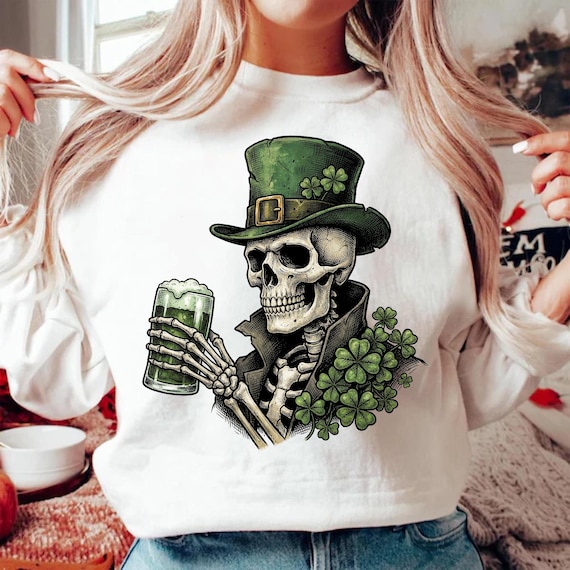St Patrick's Day PNG, Skeleton Drinking Green Beer PNG, Skull Sublimation Design, Leprechaun Hat Clover, Digital Download