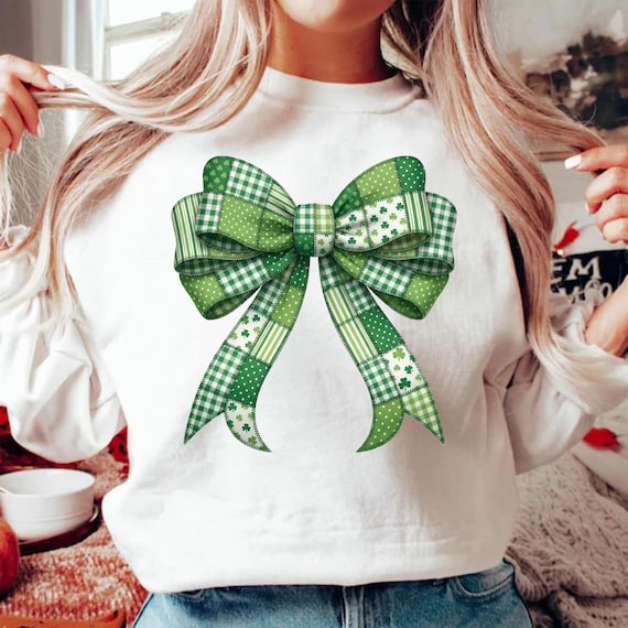 St Patrick's Day PNG, Coquette Bow PNG, Green Shamrock Sublimation Design, Faux Patchwork Plaid Ribbon, Digital Download