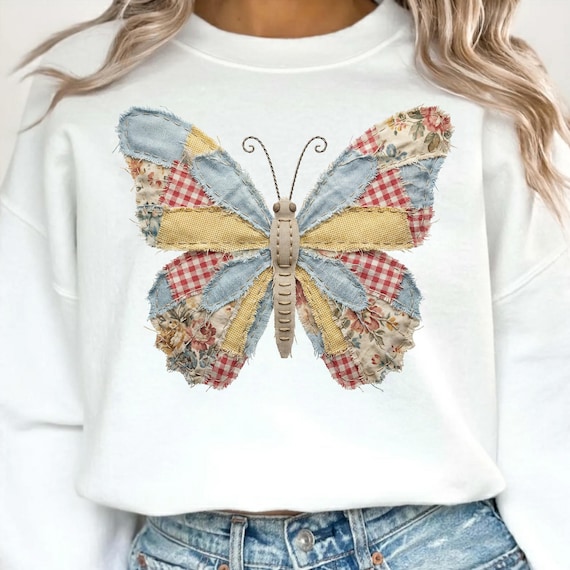 Patchwork Butterfly PNG, Floral Spring Season Sublimation Design, Quilted Fabric Effect, Vintage Cottagecore Insect PNG, Digital Download