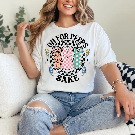 Oh For Peeps Sake PNG, Retro Easter Bunny Sublimation Design, Checkered Leopard Daisy Rabbit, Funny Holiday Digital Download