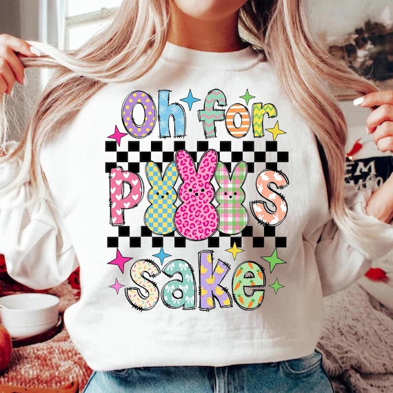 Oh For Peeps Sake PNG, Funny Easter Bunny Sublimation Design, Retro Checkered Spring Digital Download, Colorful Doodle Lettering Art PNG