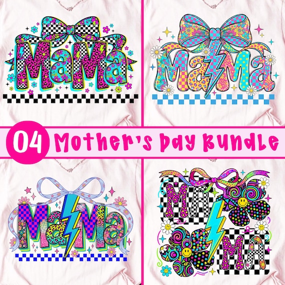 Preppy Pink Mama Checkered, Mother's Day Bundle PNG, Retro Floral png, Leopard, Dalmatian Dots, Lighting Bolt, Coquette Bow, Mom Love