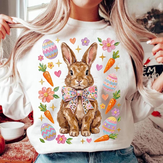 Brushstroke Easter Bunny PNG, Leopard Bow Rabbit, Spring Flowers Eggs Carrots, Textured Oil Paint, Sublimation Design for Shirts