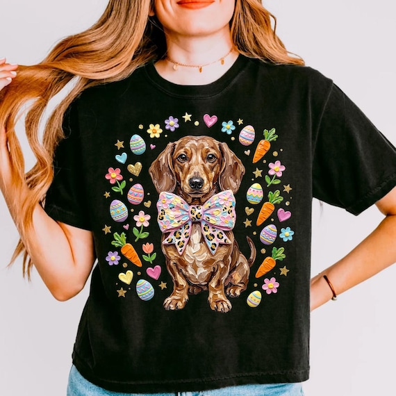 Dachshund Easter PNG, Brushstroke Dog Sublimation Design, Spring Puppy with Bow Tie, Floral Eggs Carrots, Digital Download