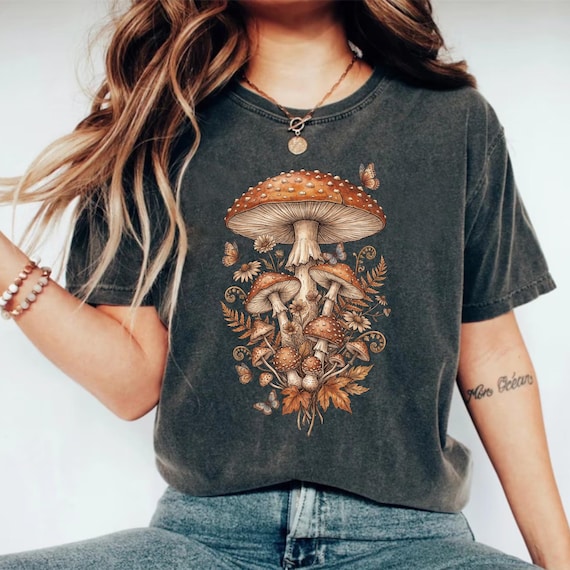 Vintage Mushroom PNG, Botanical Wildflower Butterfly, Cottagecore Sublimation Design, Rustic Nature Graphic, Earthy Fall, Mushrooms PNG