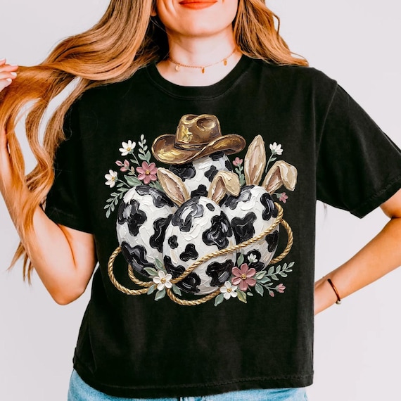 Western Easter Eggs Png, Cow Print Bunny Sublimation Design, Cowboy Hat Floral Brushstroke Art, Farmhouse Spring Digital Download