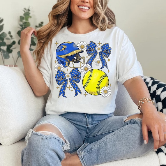 Floral Softball Coquette Bow PNG, Coquette Bows and Daisies, Sports Mom Graphic, Sublimation Design, Blue Helmet, Game Day, Digital Download