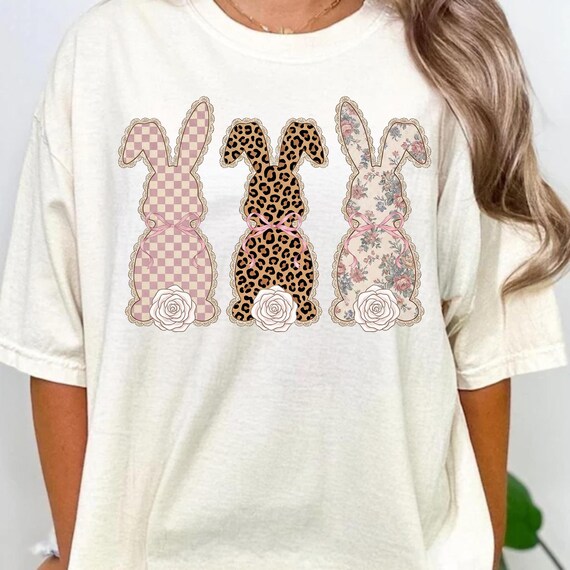 Easter Bunnies PNG Coquette Bow Pink Leopard Checkered Pattern Floral Rabbits Spring Bows Sublimation Design Patterns Digital Download
