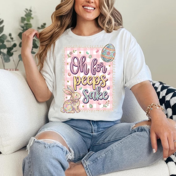 Oh for peeps Sake PNG, Preppy Easter Bunny Sublimation Design, Pink Gingham Retro Spring Art, Cute Rabbit Digital Download