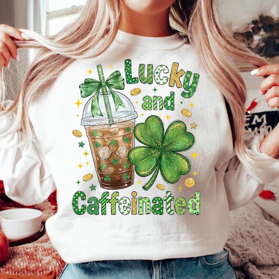 Lucky and Caffeinated PNG, St Patricks Day Iced Coffee Sublimation Design, Shamrock Clover Digital Download, Cute Coffee Lover
