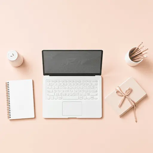 A beautiful flatlay of a creative entrepreneur's desk in a modern studio. The scene features a sleek laptop, sketchbooks, and digital drawing tablets alongside soft western elements like a small decorative bow. The lighting is bright and airy, emphasizing a 'Modern Retro Coquette' aesthetic with a palette of cream, blush pink, and subtle lavender. The composition is highly structured yet organic, perfect for a high-end digital marketplace brand.